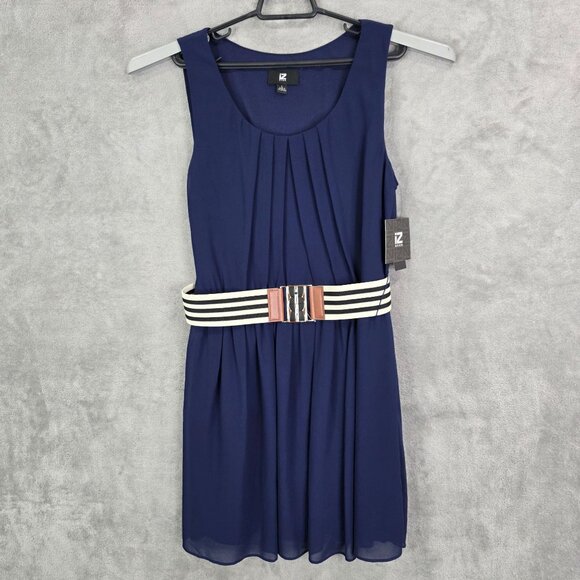 Womens Iz Byer Navy Sleeveless Dress Lined Striped Belt 100% Polyester Size L - Picture 2 of 11